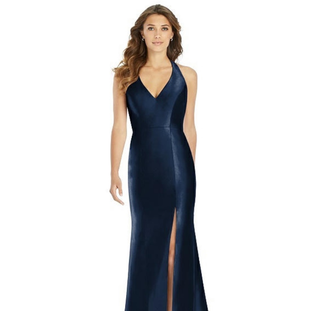 Alfred Sung Midnight Blue Satin Halter Dress Size 8 Extra Long